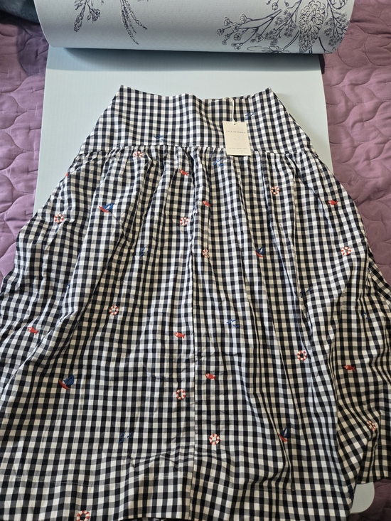 Free Assembly Dresses & Skirts - Black and White Gingham A-Line Midi Skirt with Red & Blue Embroidery